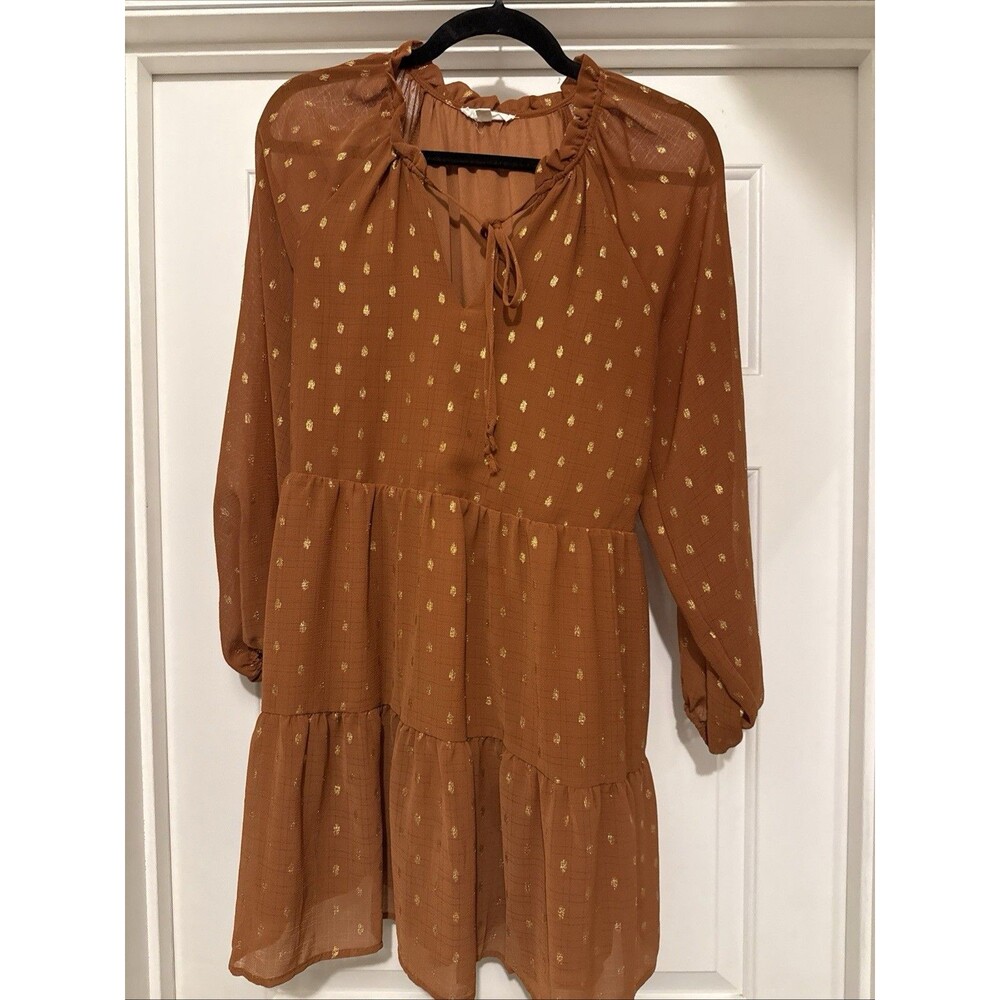 Blu Pepper Rust Gold Polka Dot Boho Mini Dress Long Sleeve Small Cottagecore
